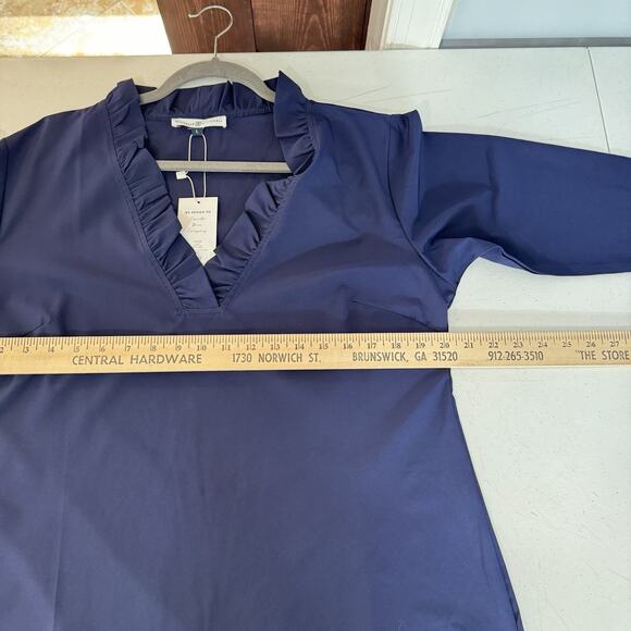 Michelle McDowell Reid Ruffle Neck Top Sz L Navy Blue Preppy Travel Staple NEW - Picture 8 of 10